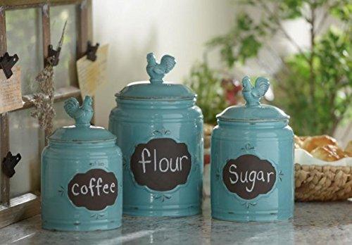 Set of 3 Durable Blue Chalkboard Rooster Canister Set with Tight Lids for Kitchen or Bathroom, Food Storage Containers, Ceramic,Aqua, - Le'raze by G&L Decor Inc