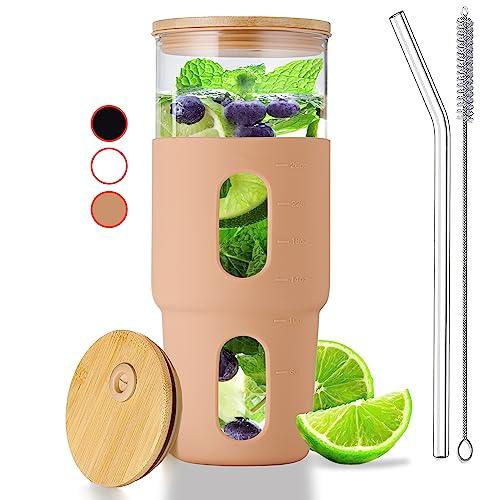 32oz Drinking Glass Tumbler with Bamboo Lid and Straw - Silicone Sleev