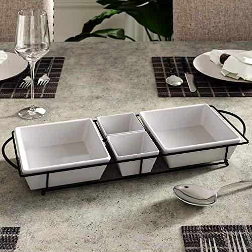 4 Piece Condiment Server Set, Relish Tray with Ceramic Dip Bowls for Chips and Dip, Candy and Nuts, Elegant Appetizer Serving Set - Le'raze by G&L Decor Inc