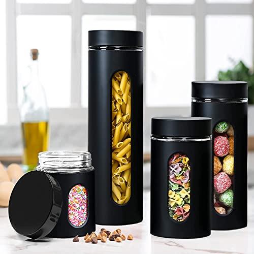 Quality Modern Black Stainless Steel Canister Set for Kitchen Counter with Glass Window & Airtight Lid - Food Storage Containers with Lids Airtight - Pantry Storage and Organization Set - Le'raze by G&L Decor Inc