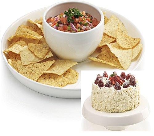 Ceramic Chip and Dip Server Bowl and Footed Cake/cookie Stand 2 in 1 Serving Platter, White, Round, - Le'raze by G&L Decor Inc
