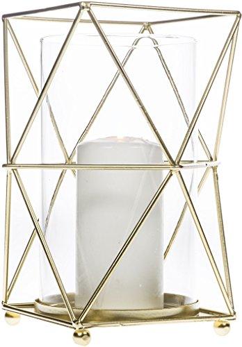 Sparkling Gold Hurricane Candle Holder, Geometric Polyhedron Metal Wire with Glass Insert for Votive Candlestick. Ideal for Tea Light Table Centerpieces, Wedding Banquet, Party & Classic Patio Lantern - Le'raze by G&L Decor Inc