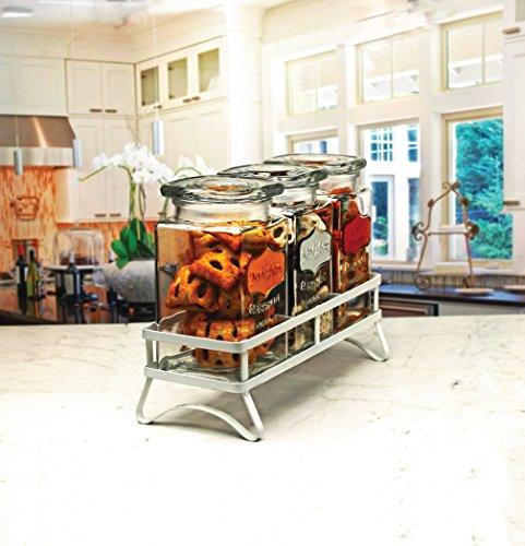 Set of 3 Square Glass Canister Set with Metal Rack, with Tight Lids with 3 Color Metallic Yorkshire Panels, Perfect for Food Storage Jars Kitchen Counter-top Containers - Le'raze by G&L Decor Inc