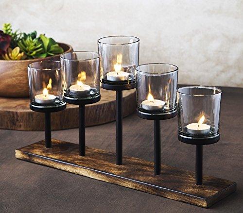 Le'raze Elegant, Decorative Votive Candle Holder Centerpiece, 5 Glass Votive Cups On Wood Base/Tray for Wedding Decoration Dining Table - Le'raze by G&L Decor Inc