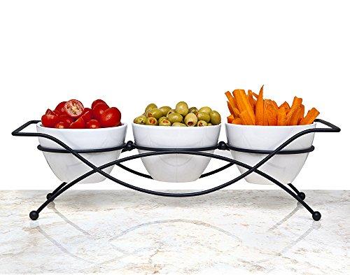 Elegant 4-piece Relish Tray with White Ceramic Bowl. Server Set with Metal Rack, Buffet Server For Appetizers, Candy, Nuts and Dips, - Le'raze by G&L Decor Inc