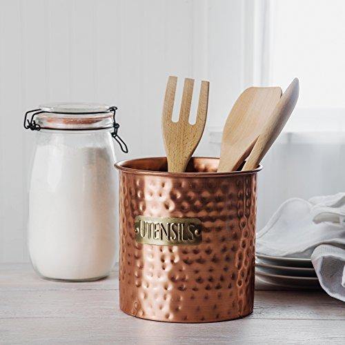 Hammered Copper Utensil Crock - Large Stainless Steel Kitchen Utensil Holder - Vintage Organizer-Kitchen Tool Caddy - 6" Diameter - Le'raze by G&L Decor Inc