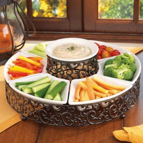 Elegant Serving Platter,7-Piece Section Serving Dish Ceramic and Pressed Metal, Ideal for Appetizers, Salad, Party Bowl, Relish Dish, Chip and Dip Set - Le'raze by G&L Decor Inc