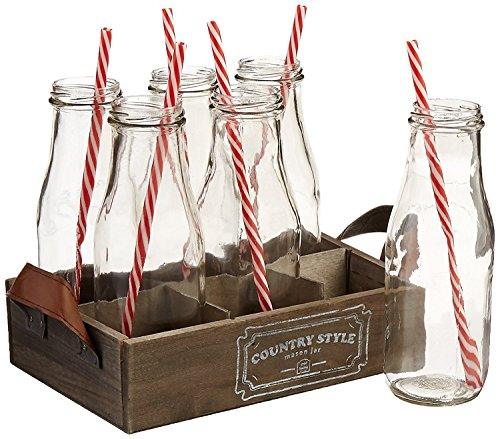 Mini Glass Milk Bottles with Retro Straws and Wooden Tray, Set of 6 Reusable Vintage Dairy Bottle for Parties and Picnics, Clear Beverage Glassware and Drinkware – 11 Ounce - Le'raze by G&L Decor Inc