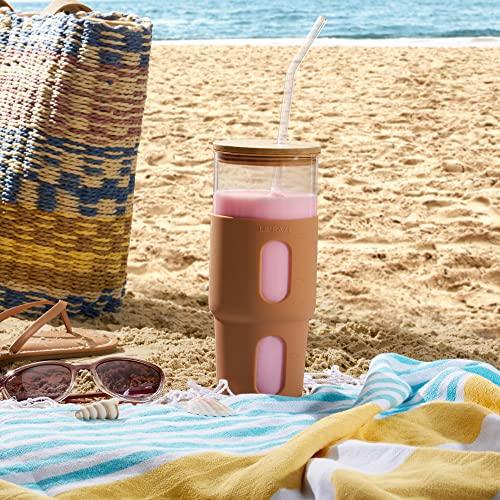 32oz Drinking Glass Tumbler with Bamboo Lid and Straw - Silicone Sleev -  Le'raze by G&L Decor Inc