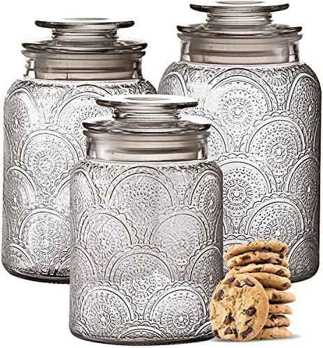 3pc Glass Canisters Set for Kitchen Counter with Airtight Lids - Retro Design - Pantry Organization Food Storage Containers for Cookies, Tea, Sugar, Candy Jars, and More. - Le'raze by G&L Decor Inc