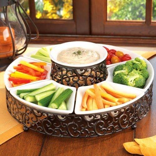 Elegant 7-Piece Section Serving Platter, Ceramic and Pressed Metal, Ideal for Appetizers, Salad, Party Bowl, Relish Dish, Chip and Dip Set. - Le'raze by G&L Decor Inc