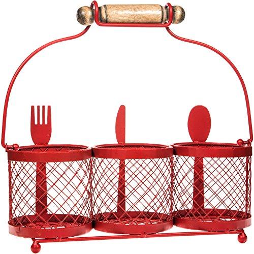 Kitchen Utensil Cutlery Organizer, Red Wire 3-Section Utensil Caddy with Wood Handle - Le'raze by G&L Decor Inc