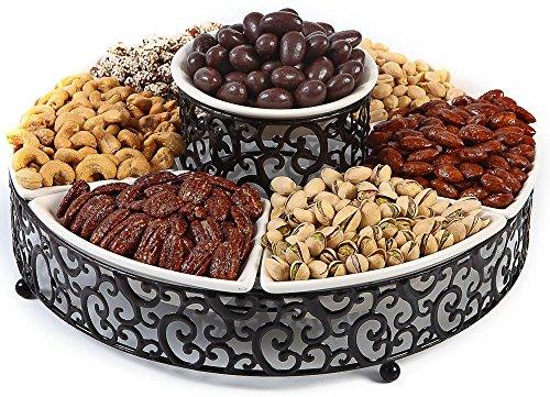 Elegant 7-Piece Section Serving Platter, Ceramic and Pressed Metal, Ideal for Appetizers, Salad, Party Bowl, Relish Dish, Chip and Dip Set. - Le'raze by G&L Decor Inc
