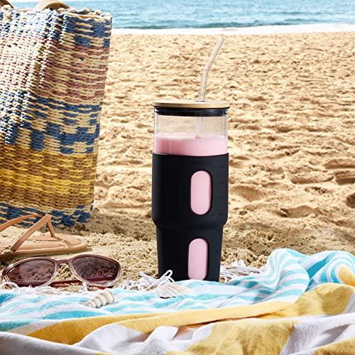32oz Glass Tumbler with Straw & Bamboo Lid with Silicone Sleeve