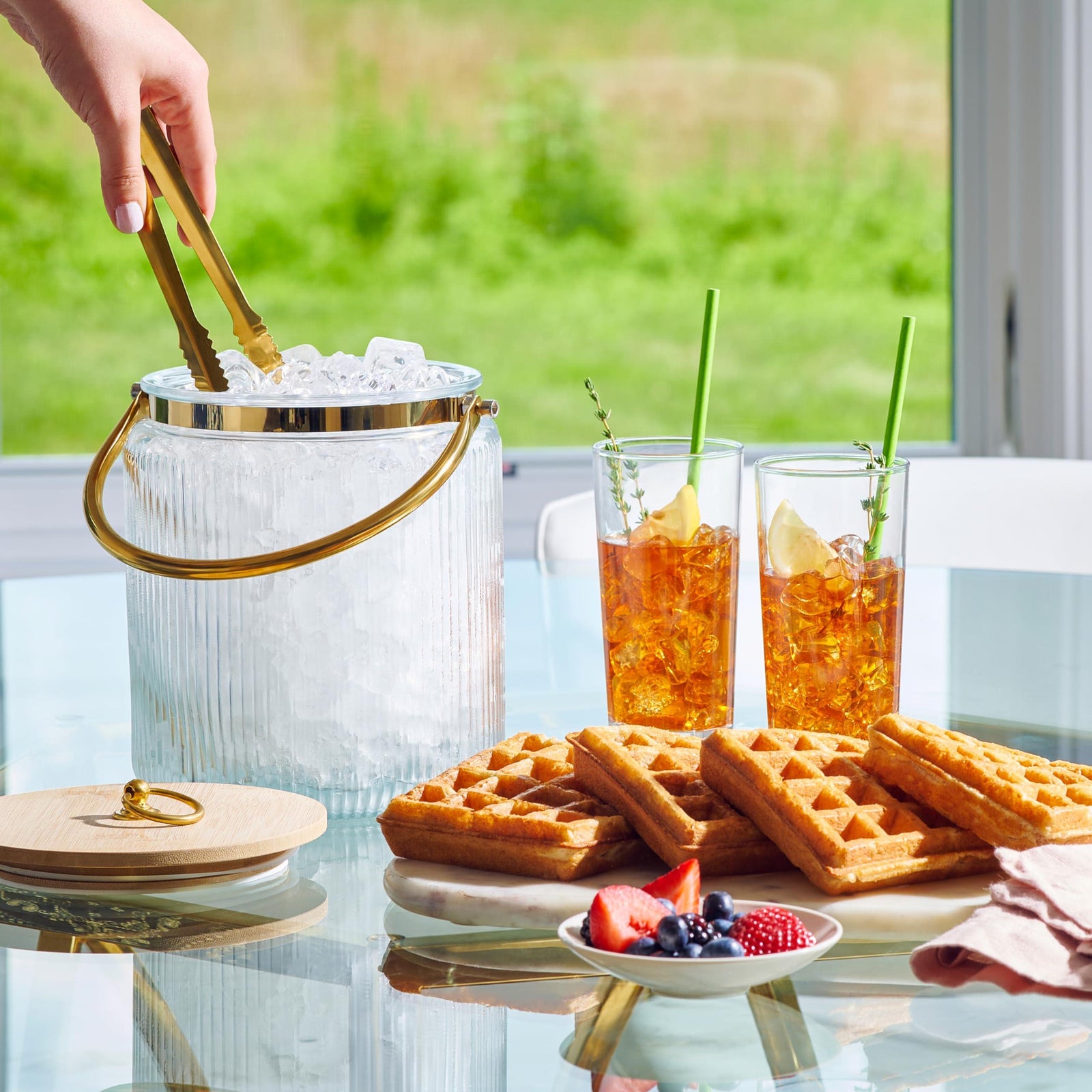 Glass Ice Bucket with Airtight Lid, Ice Tong Scooper and Handle - 3L Ribbed Beverage Tub Cocktail Home Bar Accessories, Wine, Beer - Chiller for Parties, Champagne Drink Tub Cooler with Hinged Handles - Le'raze by G&L Decor Inc