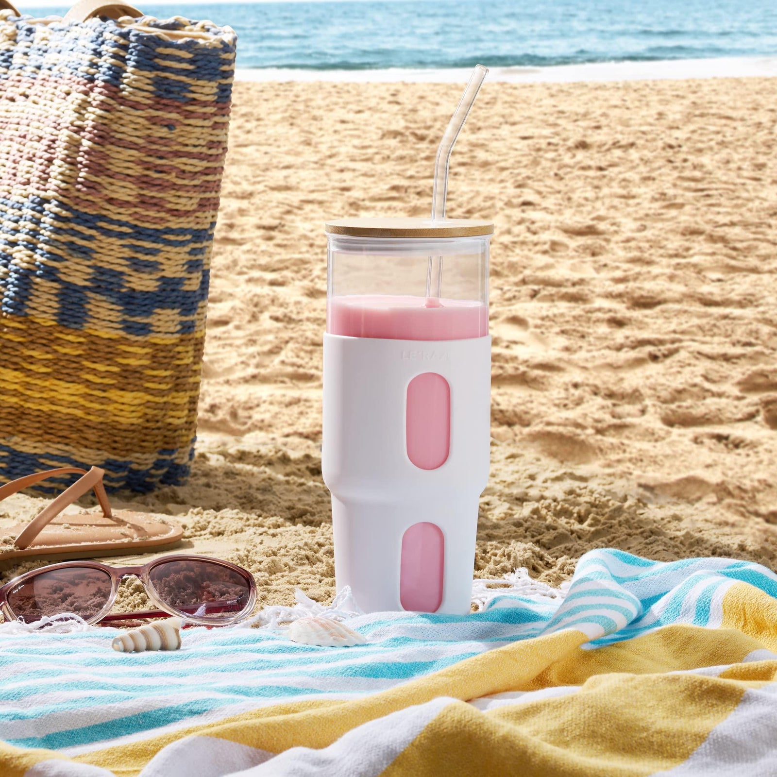 32oz Glass Tumbler with Straw & Bamboo Lid with Silicone Sleeve, Reusable Boba Smoothie Cup Iced Coffee Tumbler, Fits Cup Holder, Glass Water Bottle, BPA Free Beer Mug & Stein White. - Le'raze by G&L Decor Inc