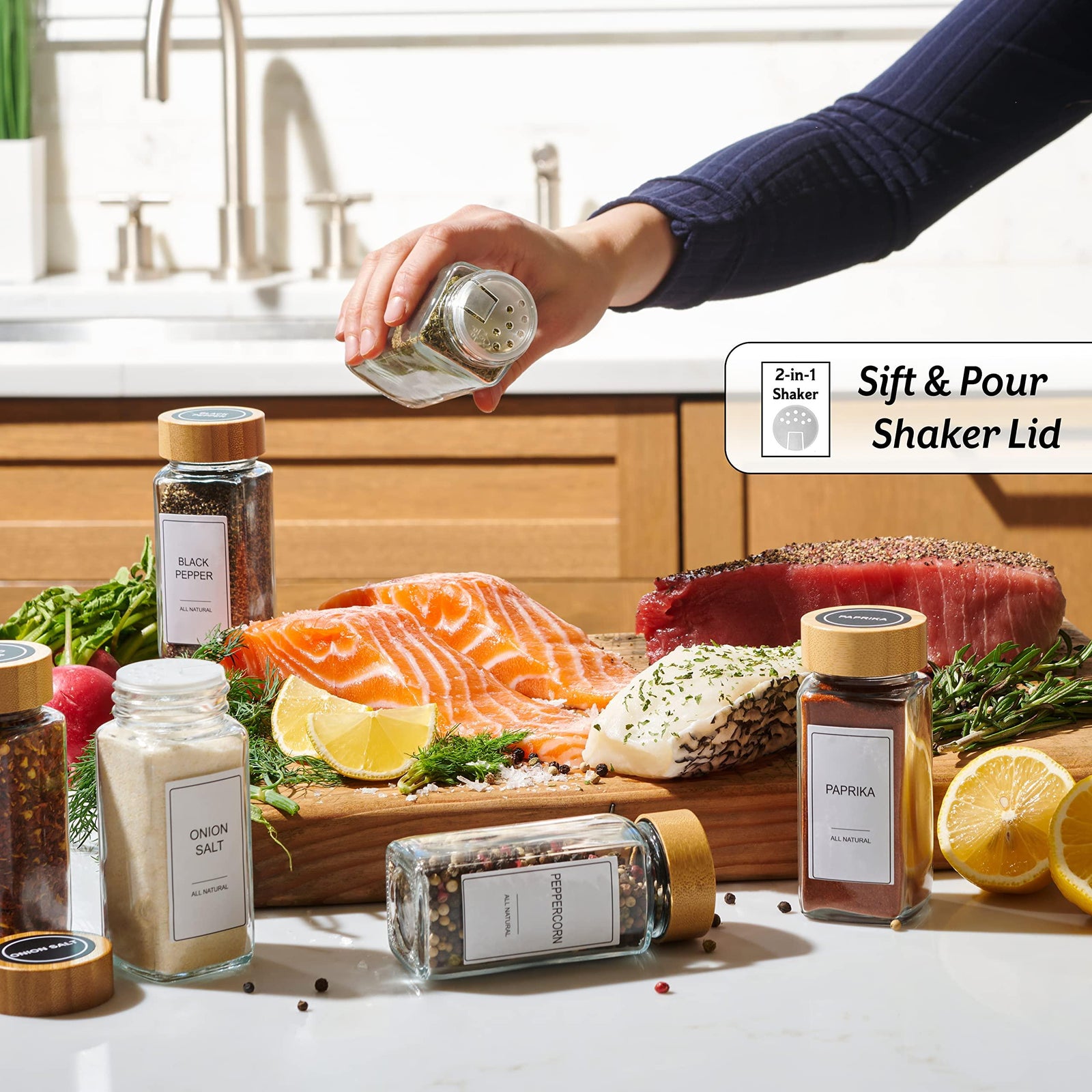 Glass Spice Jars with Label Set, Bamboo Lids & Funnel - Kitchen Airtight Storage Jars with Lids - Spices and Seasonings Sets Organizer, Spice Glass Jar with Lid Food Canister Bottle Sugar Shaker - Le'raze by G&L Decor Inc