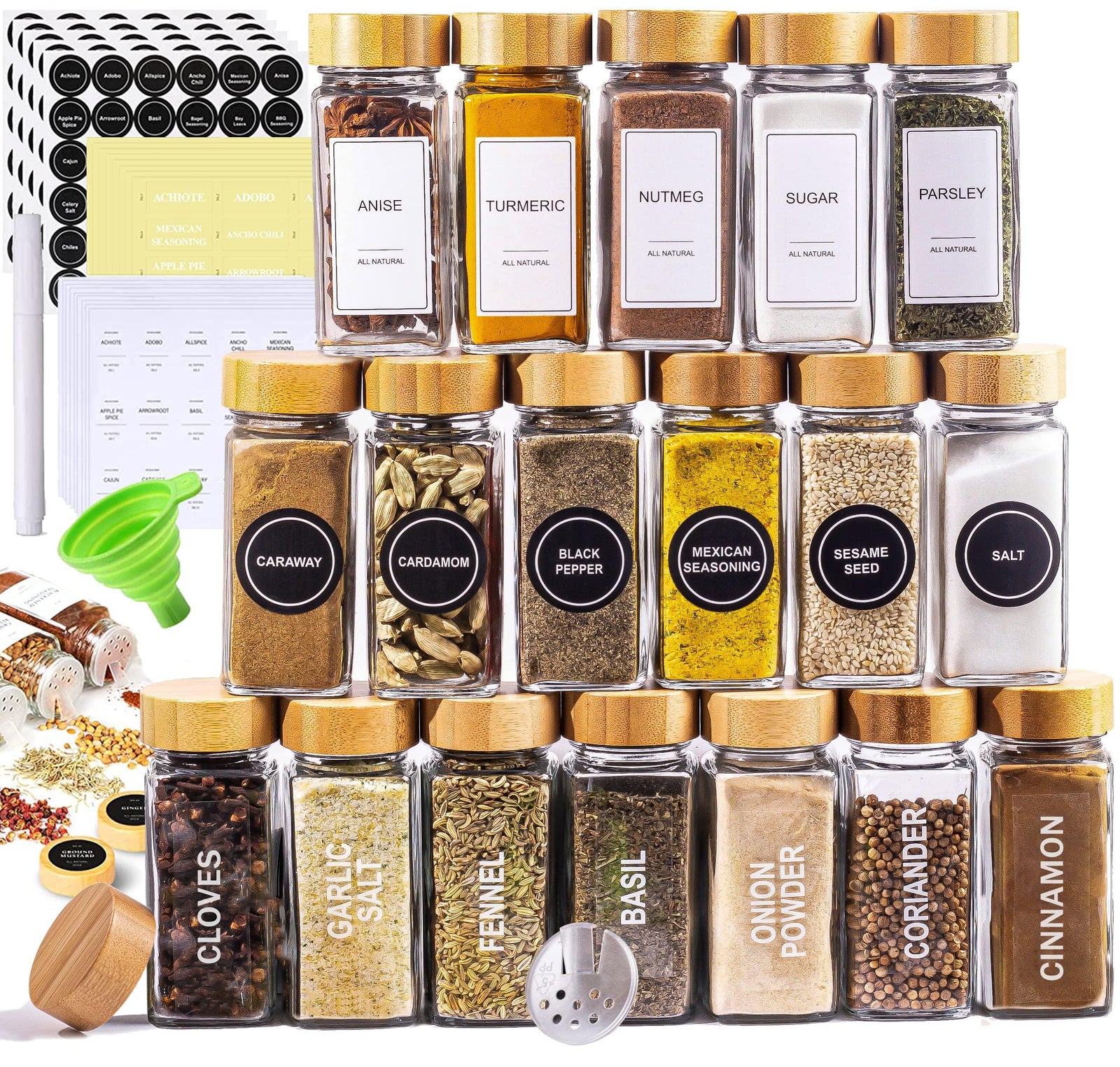 Glass Spice Jars with Label Set, Bamboo Lids & Funnel - Kitchen Airtight Storage Jars with Lids - Spices and Seasonings Sets Organizer, Spice Glass Jar with Lid Food Canister Bottle Sugar Shaker - Le'raze by G&L Decor Inc