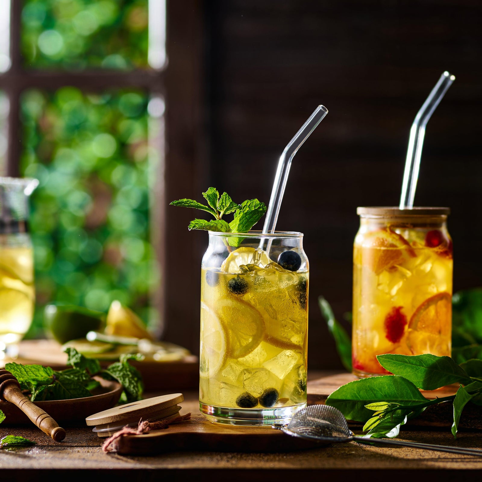 Set of 4 Snifters with Bamboo Lids and Straws - Le'raze by G&L Decor Inc